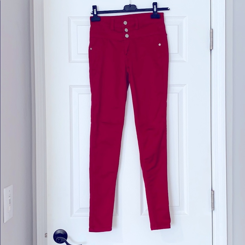 Red stretchy 3 button skinny jeans